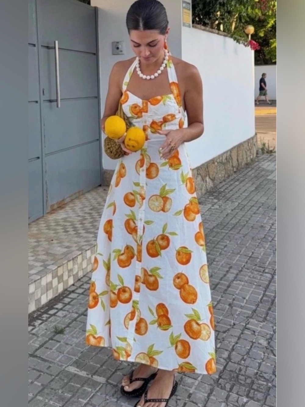 🆕 Zara White and Orange Halter Maxi Dress with 🍊 Fruit Print